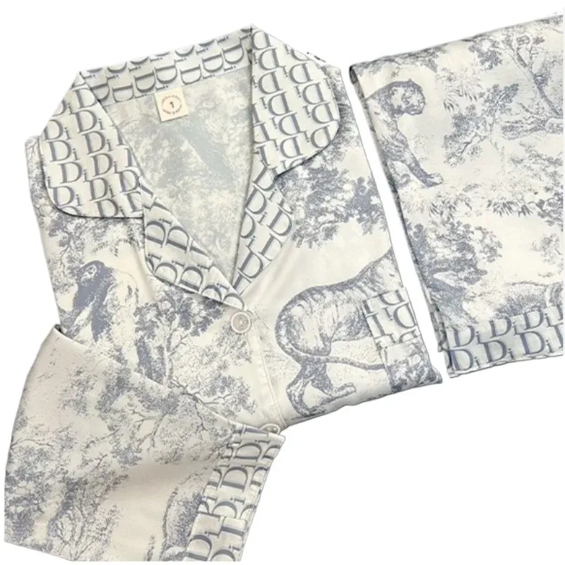 Spring Autumn Sleepwear Suit Ice Silk Pajamas Women Senior Sense Student Dormitory Thin Long Sleeve Trend Silk Home Dress Set