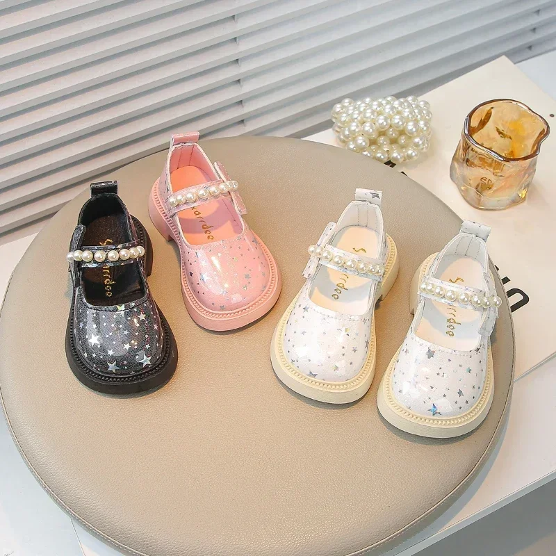 Leather Shoes for Kids Girls Bling All Over Stars Beading Rubber School Dress Shoes