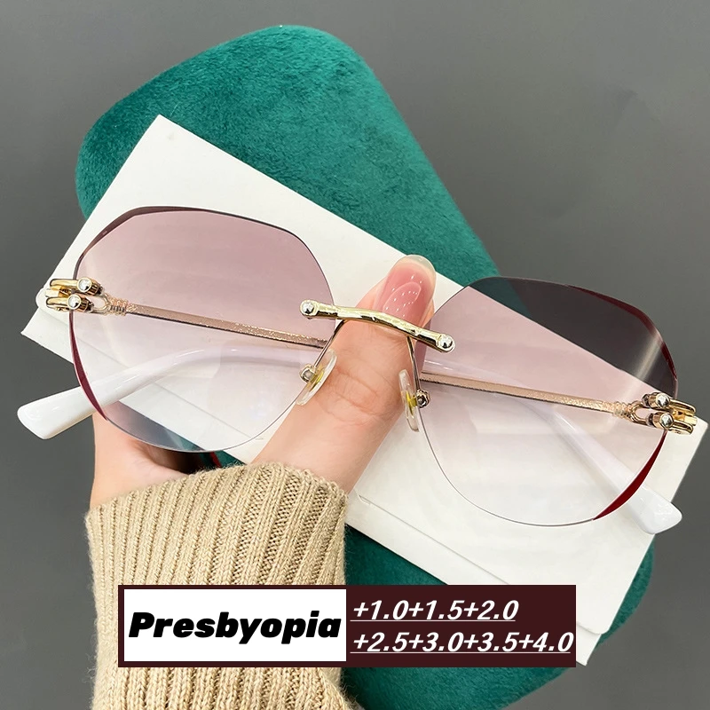 

Women Luxury Rimless Reading Glasses Retro Vintage Blue Light Blocking Presbyopia Eyewear Unisex Men Trendy Far Sight Eyeglasses