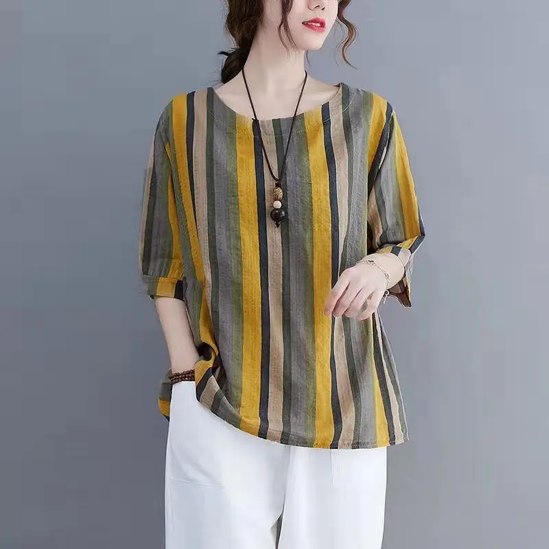 Casual Vintage Afdrukken Losse Taille T-shirt Zomer Vrouwen Kleding Mode All-Match Katoen Hennep Korte Mouwen Ronde Hals tops