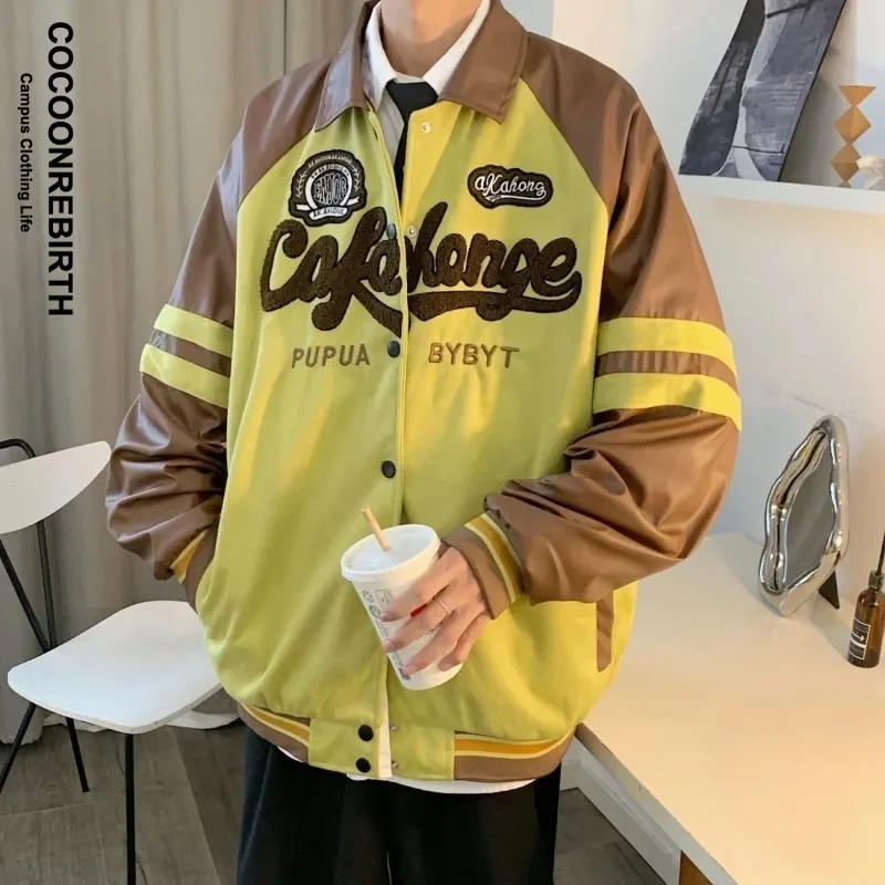 

American Vintage Baseball Jacket Men Women Letter Embroidered Patchwork Coat Retro Loose Leather Harajuku Bomber Jacket