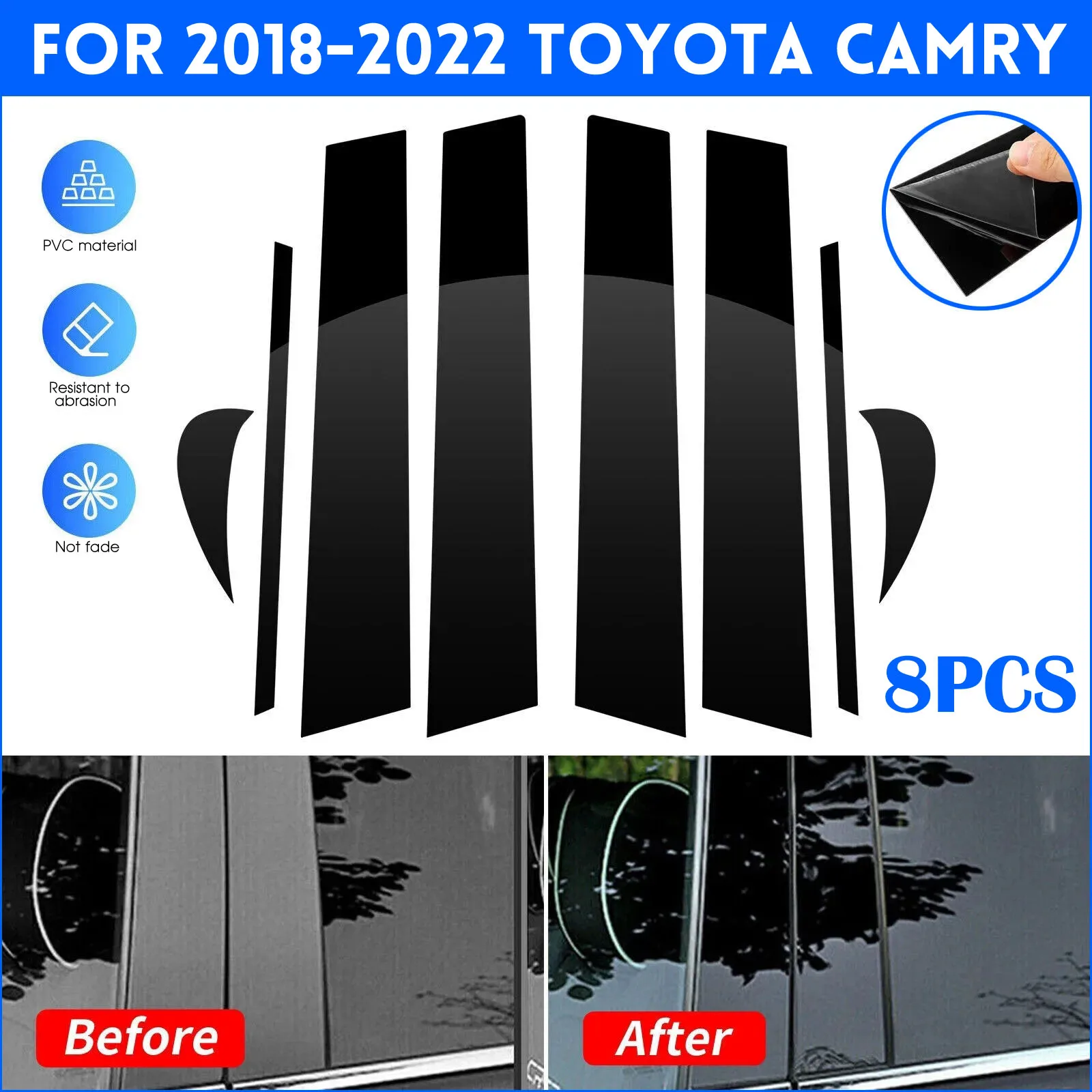 

8Pcs Gloss Black Window Pillar Post Door Trims Cover Stickers for Toyota Camry 2018 2019 2020 2021 2022 Car Accessories