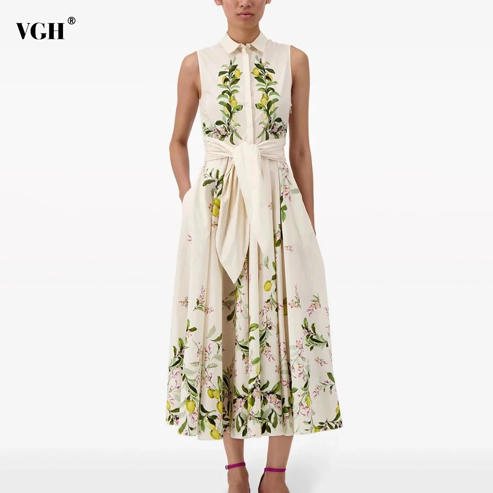 

VGH Hit Color Printing Patchwork Belt Dresses For Women Lapel Sleeveless High Waist Spliced Button Long Dress Female Fashion New
