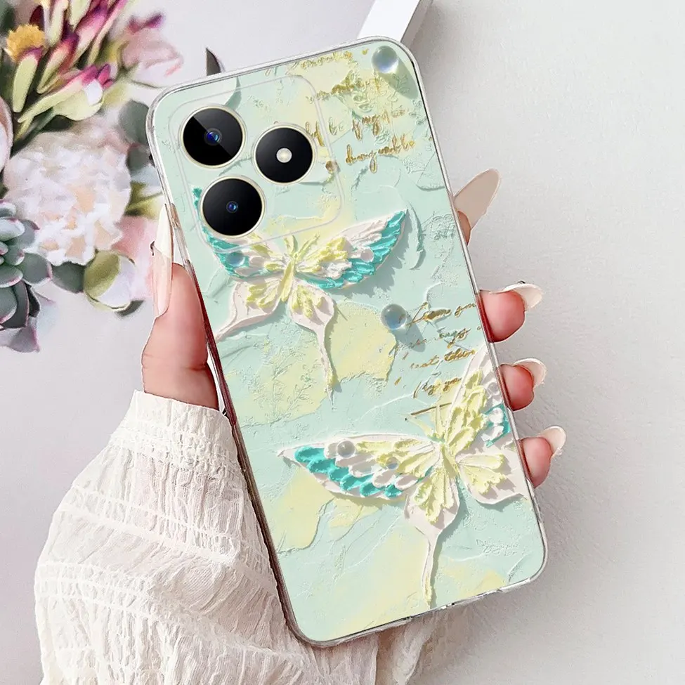 Clear Cute Cat & Butterfly Design Phone Case with Flower Accents - Stylish Protective Back Cover