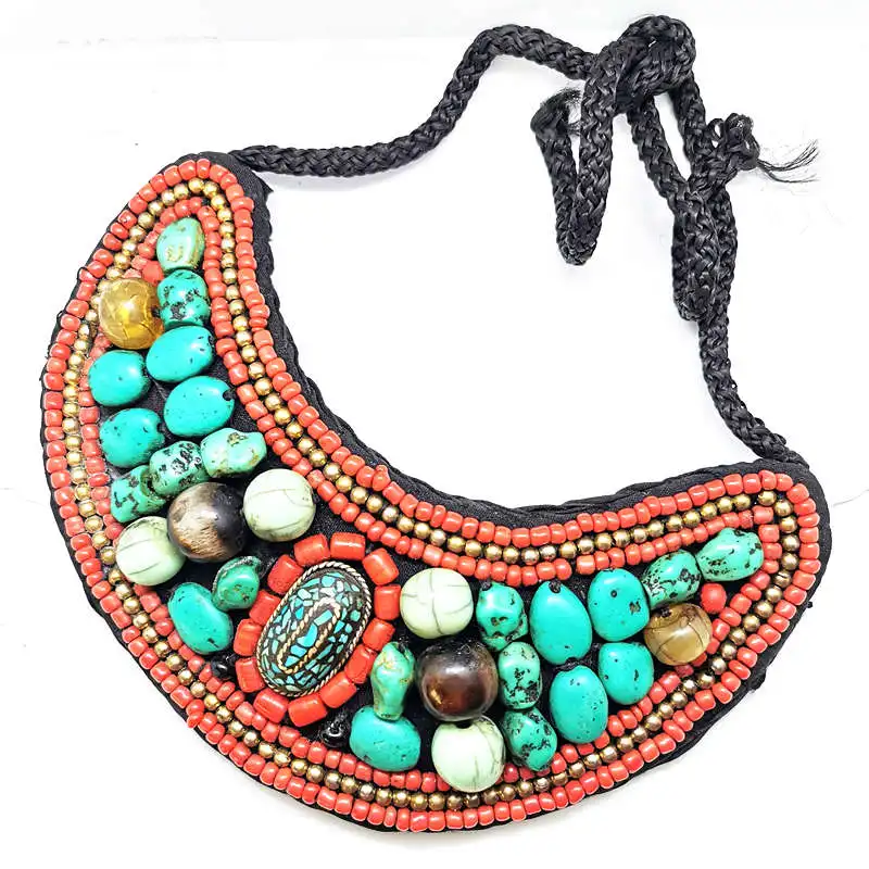 

Tibetan Ethnic Fashion Big Moon Statement Necklace Hand Cloth Sewed Colorful Beads Collar TNL166