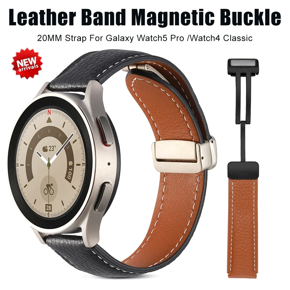 

Leather Magnetic Buckle Band For Samsung Watch5 Pro 45mm Geniune 20mm 22mm Strap For Galaxy Watch5 40mm 44mm Watch4 Classic 46mm