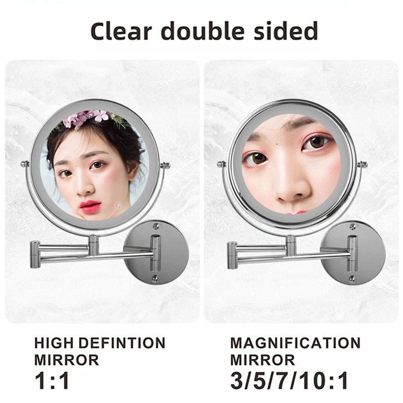 8 inch Wall Mounted Makeup Mirror 5/7/10X Magnifying Double Side Folding Arm Extend USB Charging Bathroom Smart Cosmetic Mirrors 2