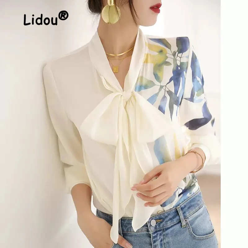 Chiffon Shirt Long Sleeved High-end Printing Single-breasted Design Feel White Blouse French New Butterflybow Lacing Top