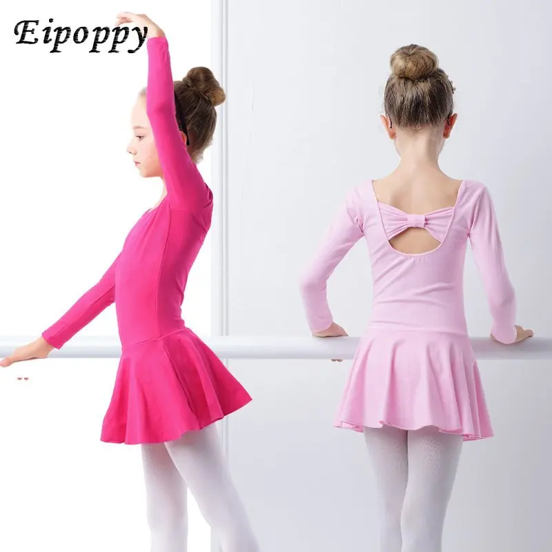 

Балетное трико для девочек, танцевальное платье с бантом, женское розовое хлопковое детское гимнастическое боди с длинным рукавом, платье