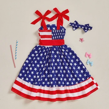 Girls Fourth of July Outfits American Flag Print Ruffle Sleeveless Dress with Matching Headband for Independence Day 3