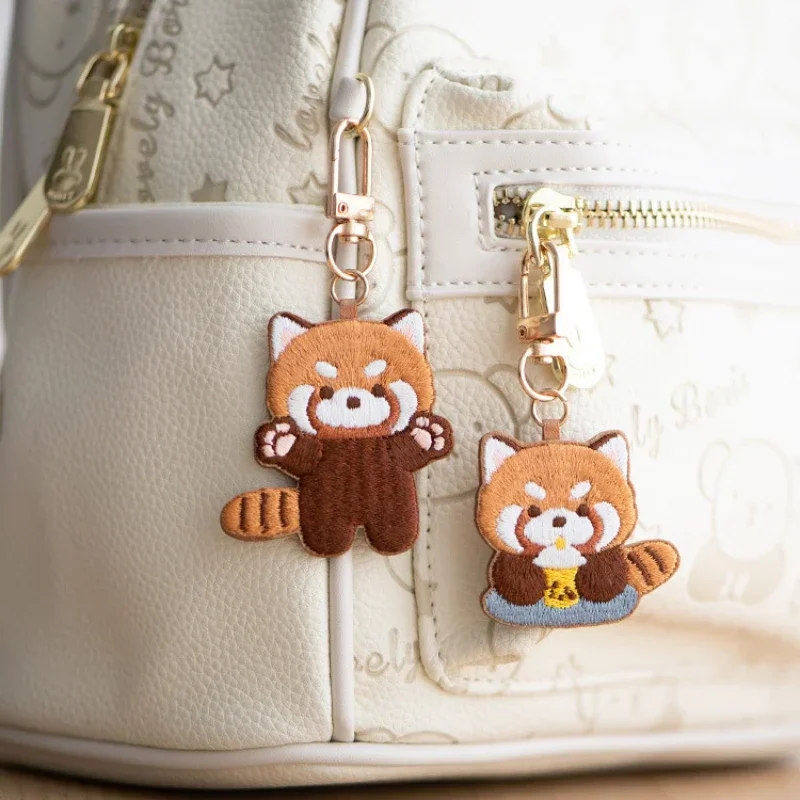 

Red Panda Doll Cute Car Keys Keychain Unique Double-side Embroidery Panda Pendant Keychains On Backpack Cartoon Animal Keyring