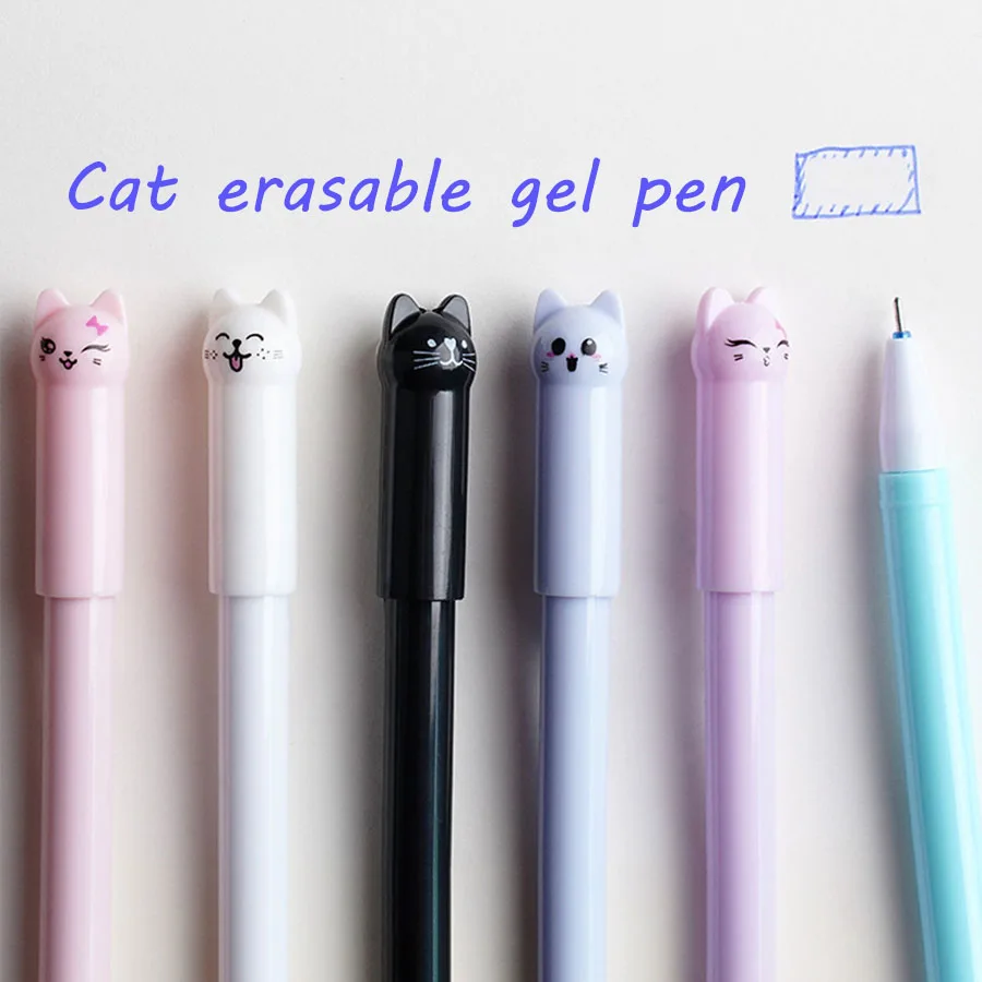 6pcs/set cat neutral erasable pen cute wagging tail cat hot erasable pen eraser student stationery 0.5mm Black blue ink pen 4