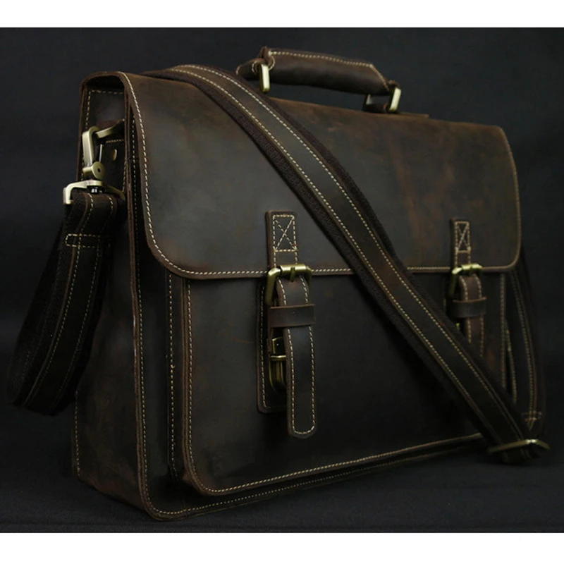 

Vintage Crazy Horse Genuine Leather Men Briefcase 15" Laptop Bag Work Business Bag Shoulder Messenger Bag Male Tote Handbag M088