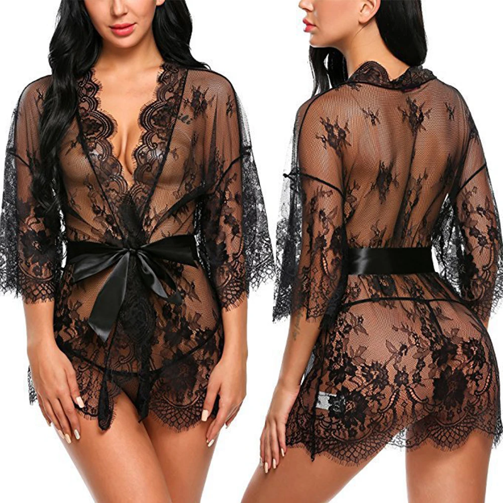 Lace Sleepwear Dress Robe Kimono Women Sexy Lingerie Transparent V-Neck Nightwear Babydoll Erotic Robe G-string Costume women lingerie