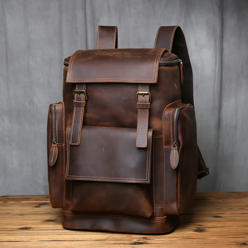 NZPJ Men's Retro Large Capacity Leather Backpack Genuine First Layer Natural Cowhide Travel Laptop Bag
