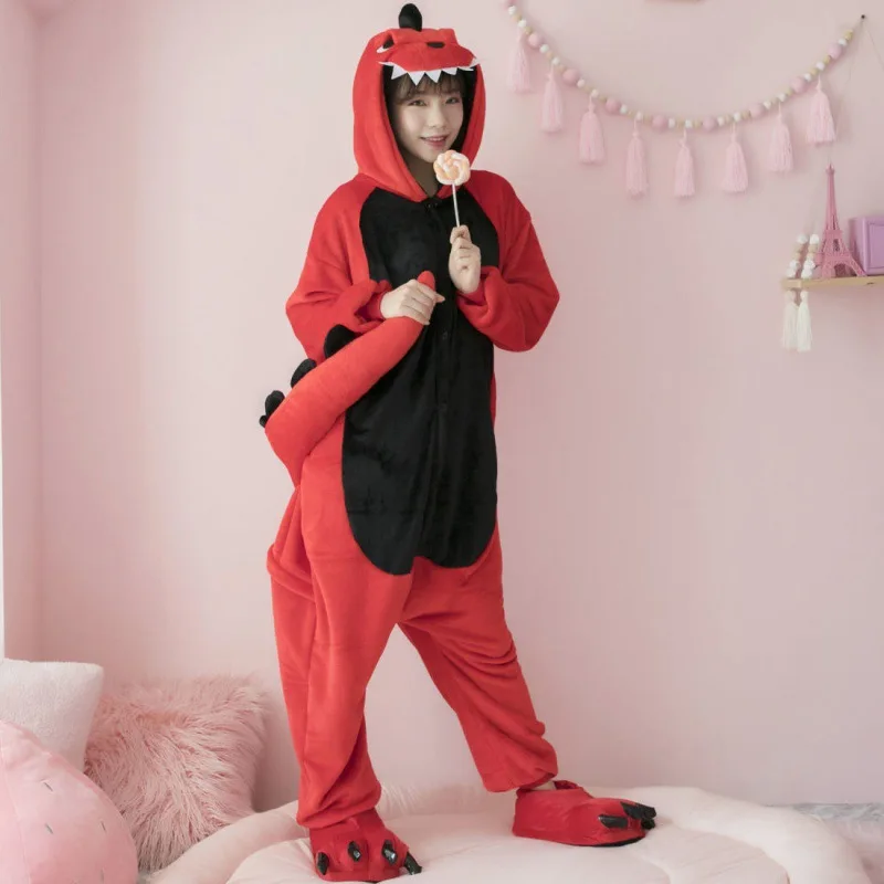 Red Dinosaur Beast Jumpsuit Night-clothes Mature Trendy Individual Endearing Comfortable Cold-proof Fluffy Women's Home Wear