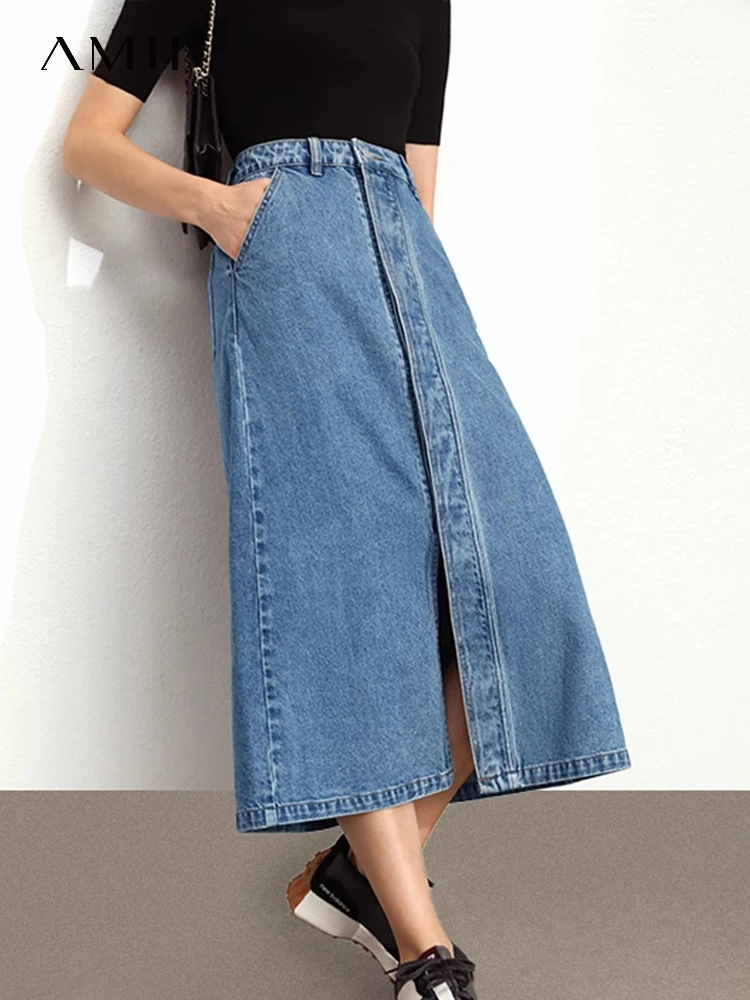 Amii Minimalism Denim Skirts For Women Streetwear High Wasit Split Jean Skirt Female Long Skirt Fashion Women's Skirts 12130301