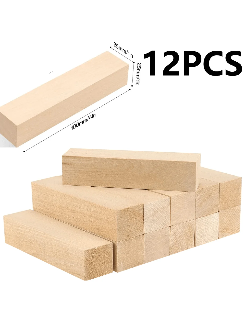 Lindenholz-Schnitzblöcke, 4/8/12 Stück, rasiertes Lindenholz zum Schnitzen – große Holzschnitzblöcke, 2,5 x 2,5 x 10,2 cm, Holz-Bastelblöcke, Bassw
