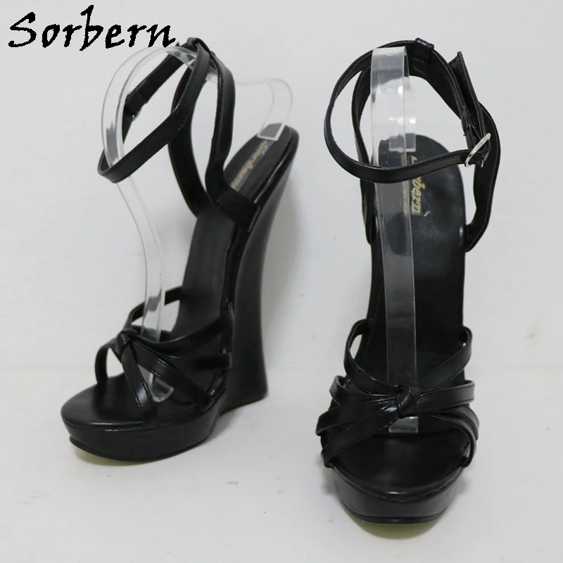 Sorbern Black Matt Slingback Women Sandals Narrow Back Wedge High Heels Thin Straps Unisex Fetish Shoe Sissy Boy Color