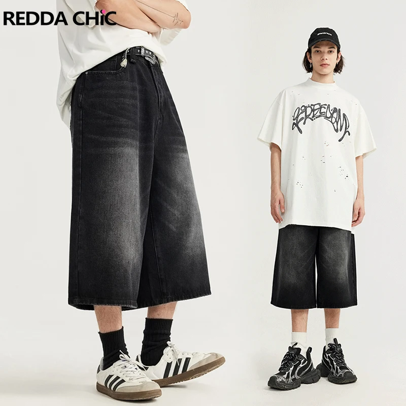 

ReddaChic Hiphop Skater Men Whiskers Baggy Jeans Jorts Vintage Frayed Low Rise Oversize Denim Short Pants Grunge Y2k Streetwear