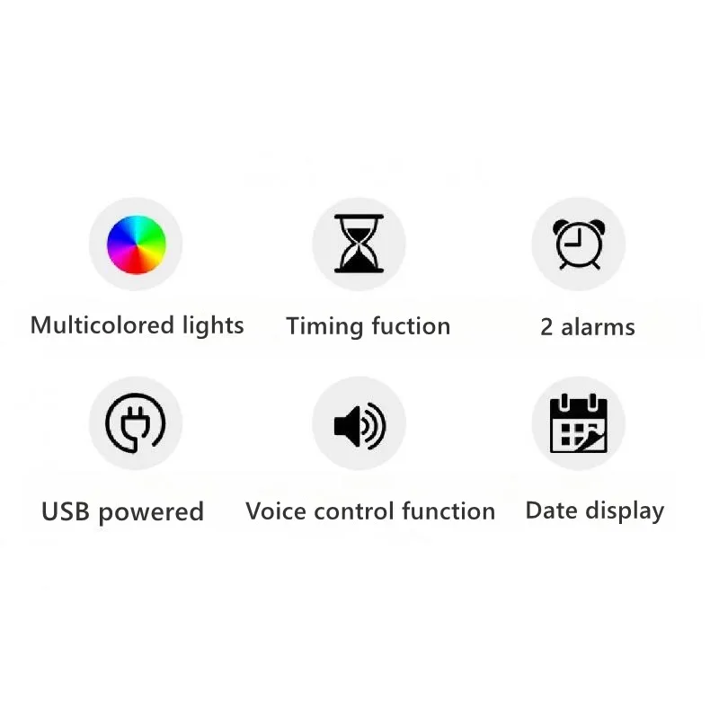 Description Picture 4 of itemUSB Powered RGB Digital Wall Clock Voice Control Date Snooze Table Clock 2 Alarms Timing Countdown 12/24H Electronic LED Clock