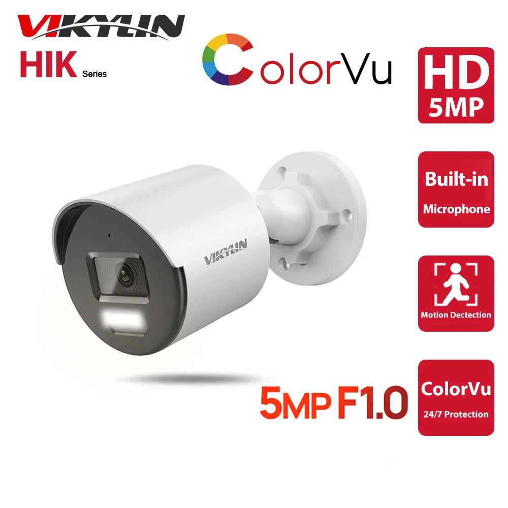 

VIKYLIN CCTV 5MP Full Color IP Camera POE Bullet F1.0 H.265+ IP67 MIC ColorVu Human Vehicle Detect Video Powered by Hik