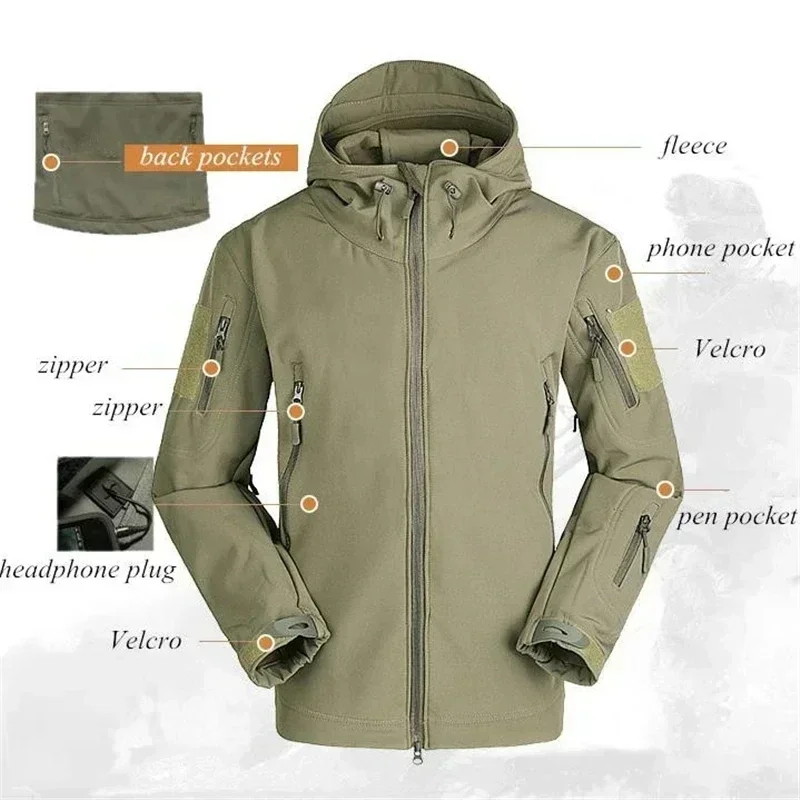 Sports Suit Shark Skin Material Soft Touch Shell Winter Plush Thickened Mountaineering Tactical Training Waterproof and Windproof