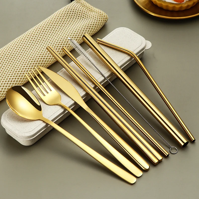 10sets 304 Stainless Steel Tableware Set, Korean Portable Ten Piece Set, Chopsticks, Spoons, Straws, Wheat Boxes