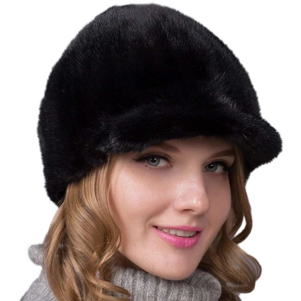 

Women's Real Mink Fur Riding Hats Female Winter Warm Peaked Cap Earmuffs Headwear For Lady