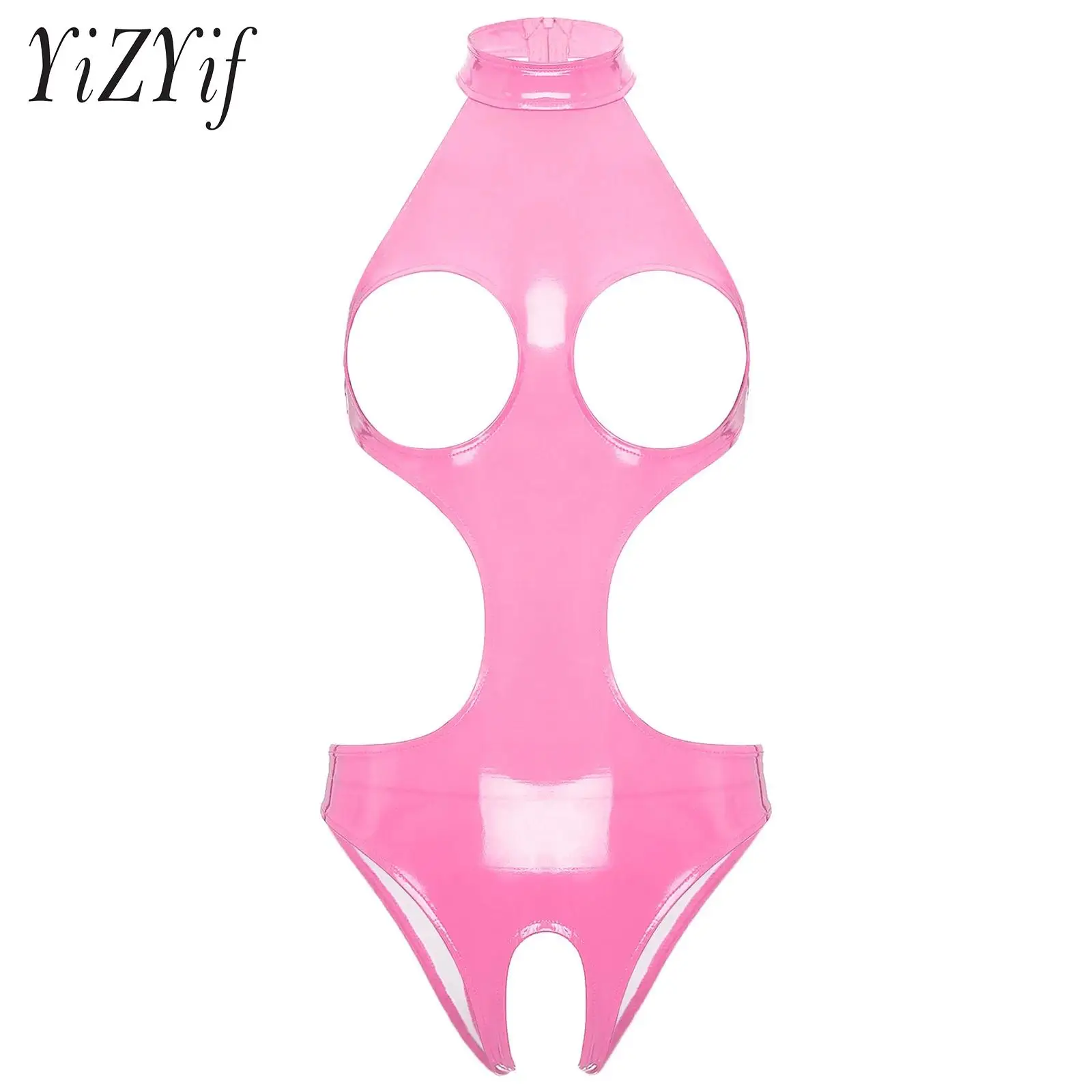 

Womens Wet Look Cutout Bodysuit Halter Cup Hollow Out Open Crotch Back Zipper Bodycon Jumpsuit Lingerie Nightwear