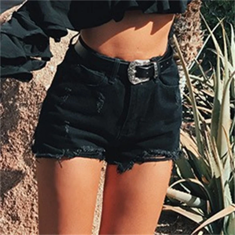 Vintage Broken Holes Denim Shorts Women High Waist Button Splice Three Quarter Pants Female Comfortable Casual Loose Mini Jeans