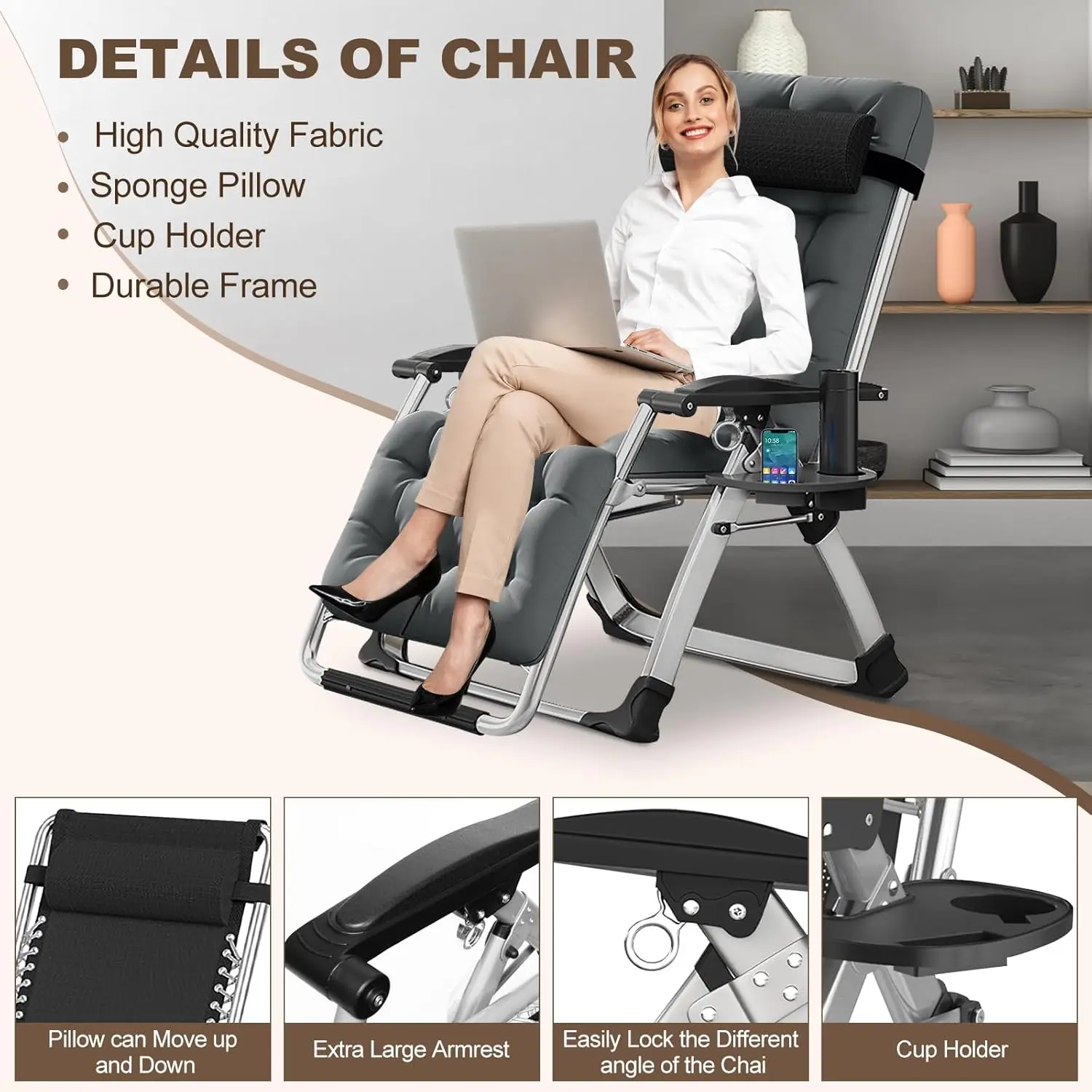 Comfy Chair, Folding Chair Recliner Chair for Bedroom and Living Room, Folding Reclining Patio Chairs Lounge with Removabl
