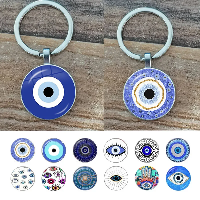 Schönheit Blau Bösen blick Religiöse Foto Runde Glas Cabochon Schlüsselbund Tasche Auto Keychain Schmuck Keychain Geschenk