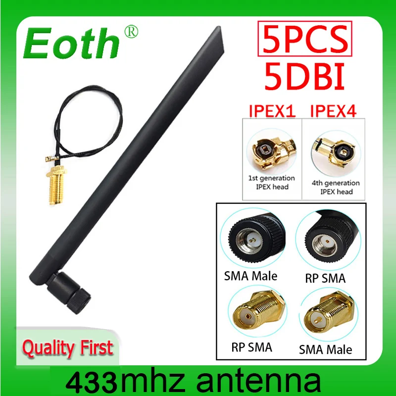 433Mhz Antenna 5dbi SMA Male 5pcs EOTH 433 MHz IOT Antena Rubber Aerial Wireless Repeater Lorawan PIGTAIL EXTERNAL