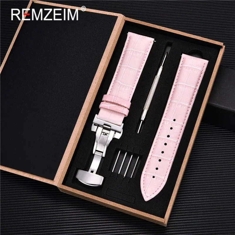 Premium Genuine Leather Watch Band with Stainless Steel Butterfly Clasp and Tool Set
