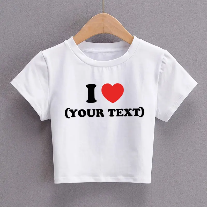 Diy Your Text Couple Design Print Pattern Customize Summer Short Sleeve O Neck Cropped Navel Women Crop Tops Fashion T-Shirt 2