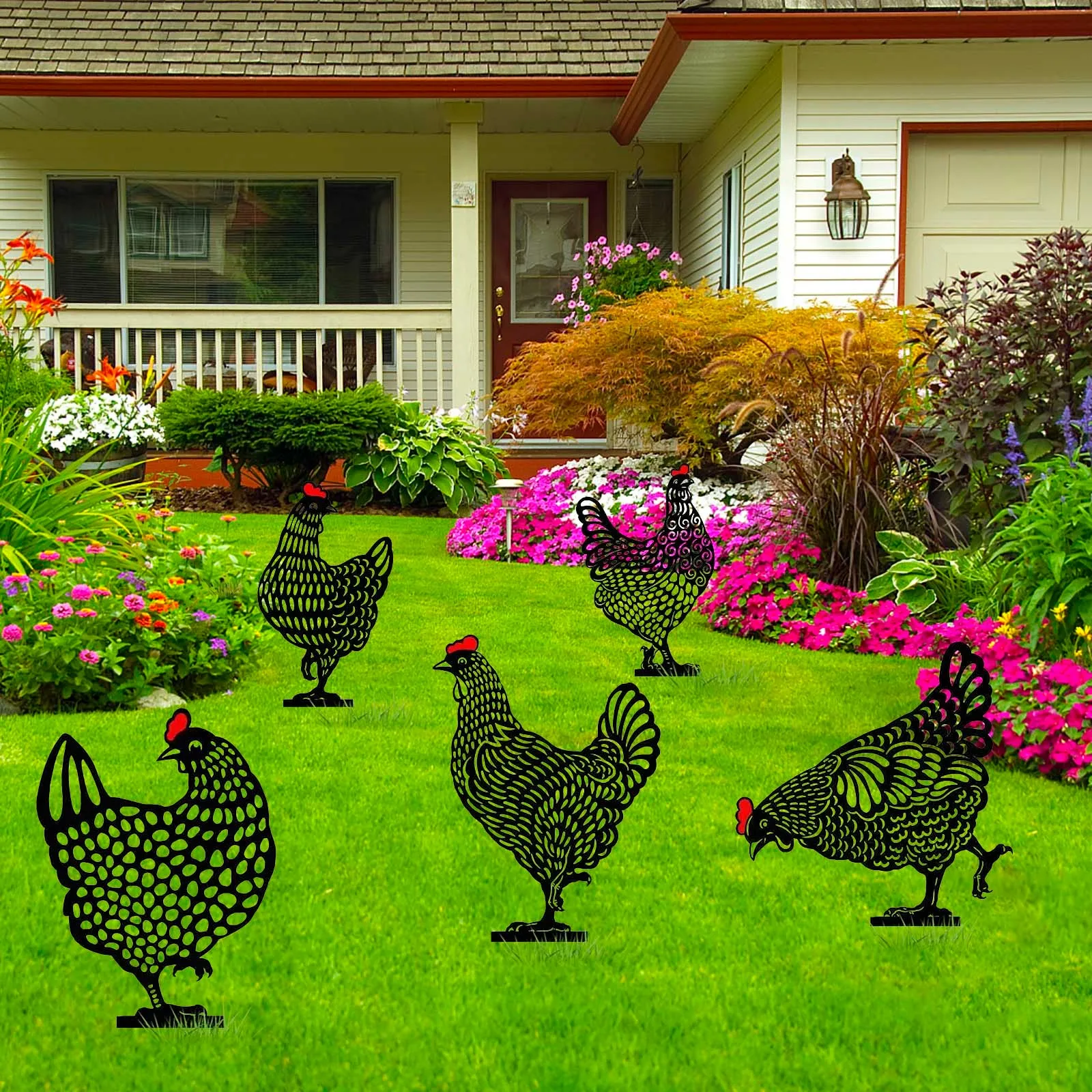 Ornamento Da Giardino Gallina In Acrilico - Set Di 2 Decorazioni A Palo Per Esterno (A: 31,5cm, B: 33cm)
