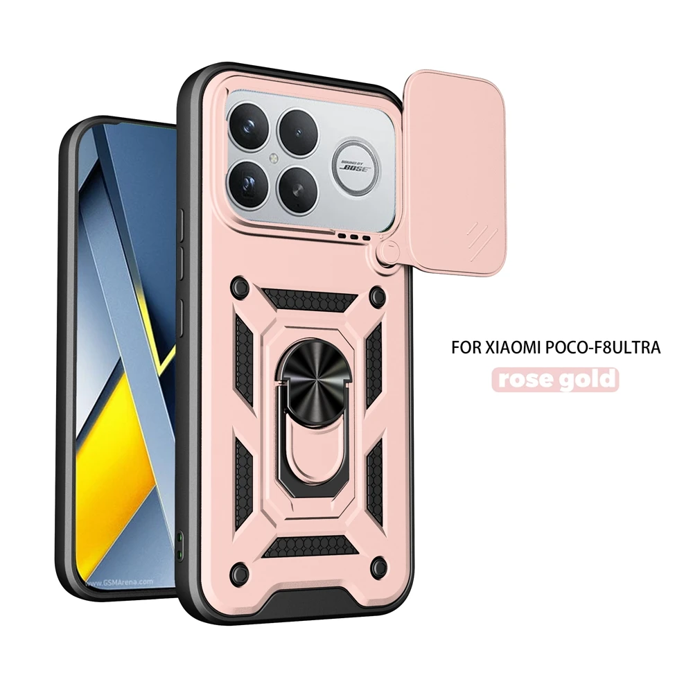 Luxury Rugged Armor Phone Case with Sliding Camera Cover and Ring Holder