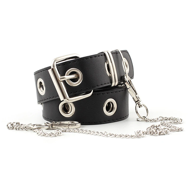 Fashion Gothic Faux Leather Belt Lady Silver Pin Metal Chain Ring Waist Strap Punk Dance Belts Harajuku Women Punk Chain Belt designer belts women