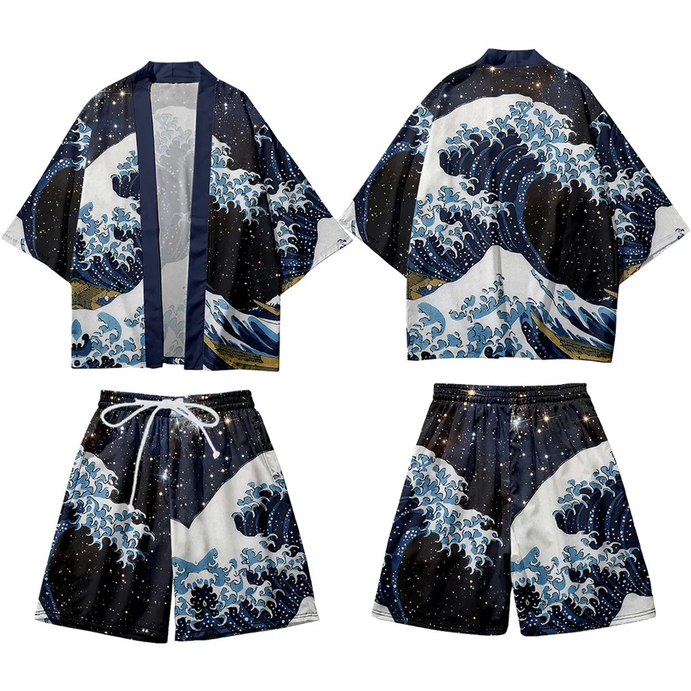 Japanese Kimono Plus Size 5XL Japanese Kimono Cardigan Shorts Set Print Tradition Yukata Haori Cosplay Costume