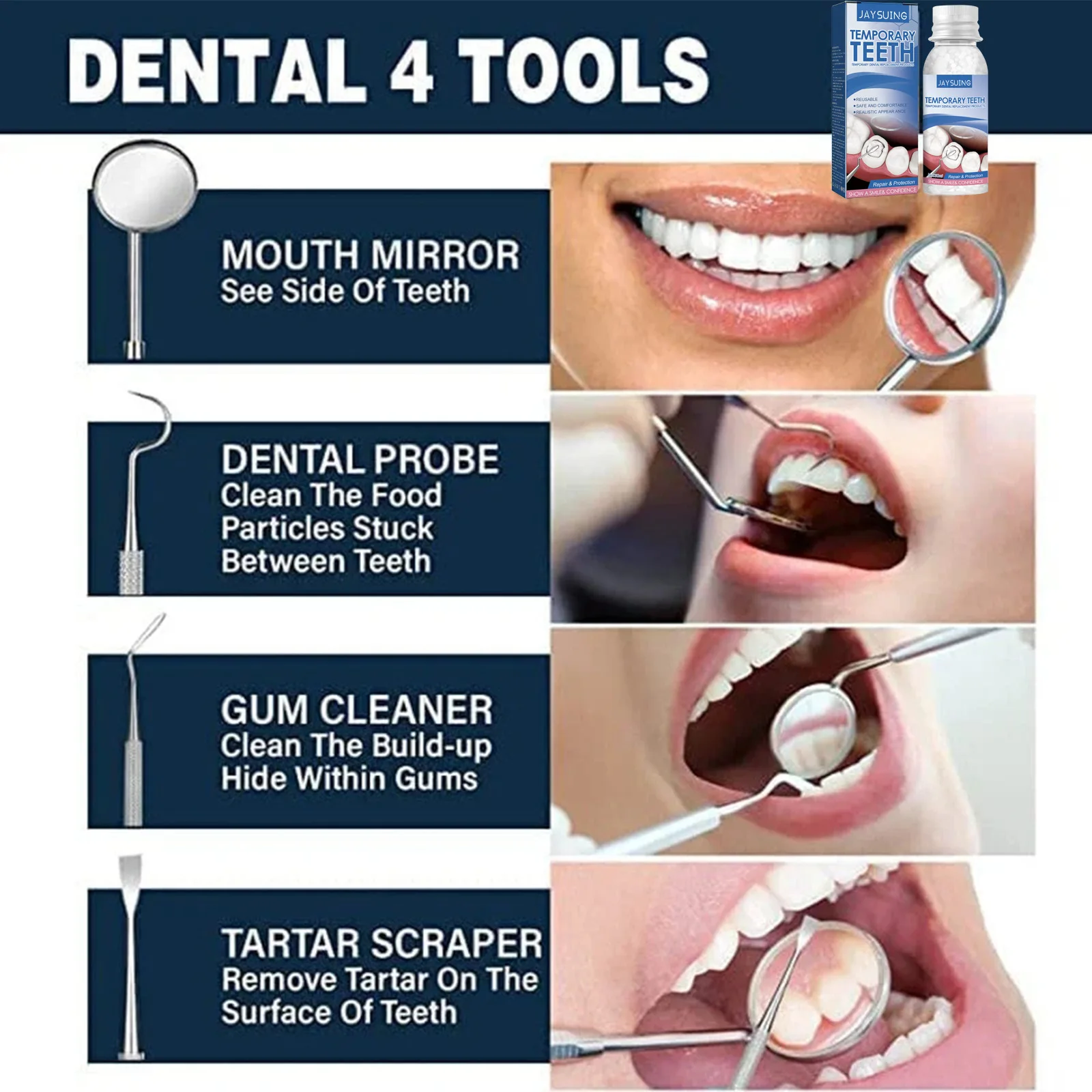 Tymczasowy zestaw do naprawy zębów protezy samoprzylepny żel do wybielania zębów, żywica, kształtujące zęby i szczeliny złamane zęby z litego kleju