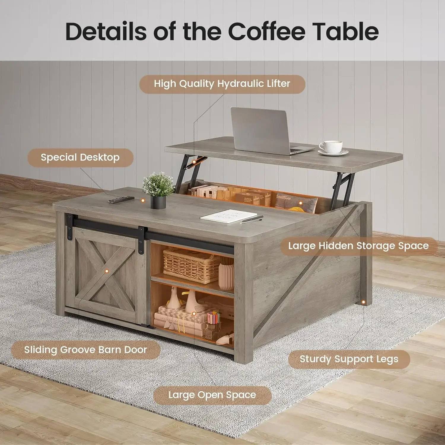 31.5" Lift Top Coffee Table with Storage, Square Coffee Table for Living Room, with Large Hidden Storage Compartmen