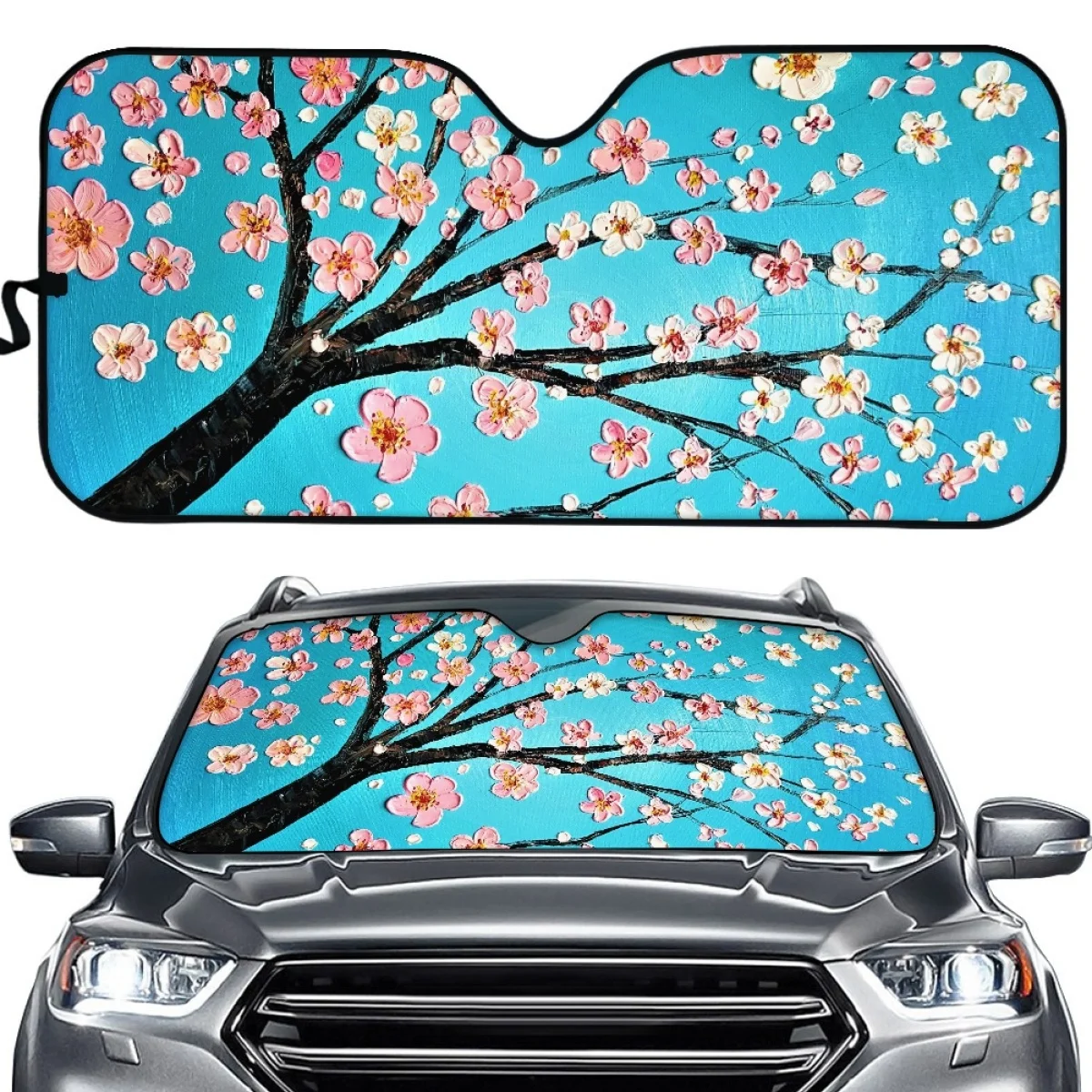 

Oil Painting Pink Cherry Blossom Car Sunshade Anti UV Foldable Universal Accessories Heat Reflector Protecting Interior Visor