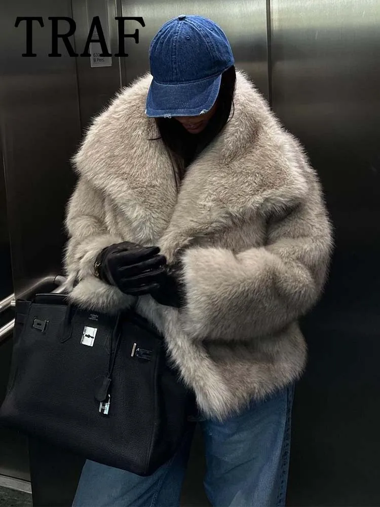 TRAF Faux Fur Cropped Jackets for Women Coats Thick Warm Soft Jacket Woman 2024 Long Sleeve Casual Winter Coat In New Outerwear 4