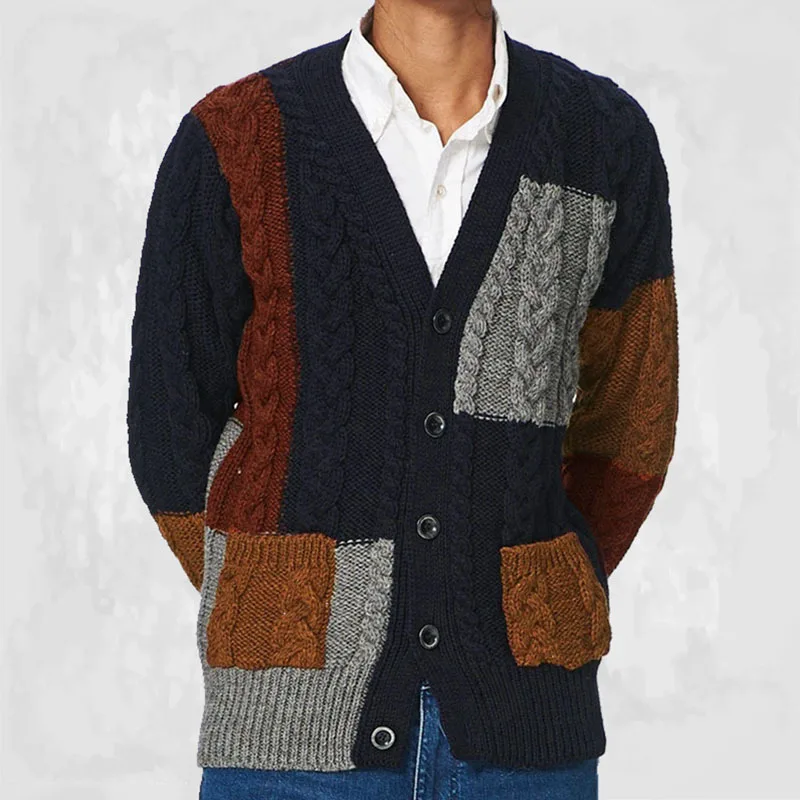 

Men's Sweater Cardigan 2023 Autumn And Winter V-Neck Color Contrast Fashion Casual Large Size Sweater