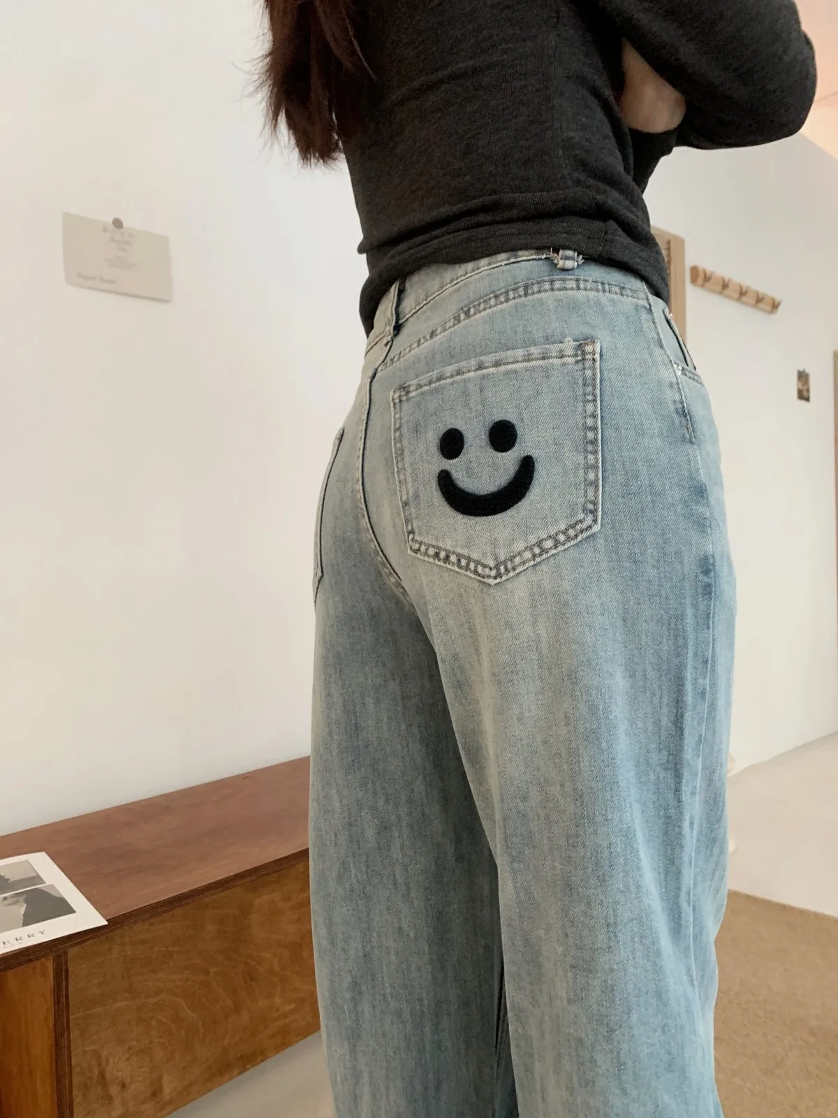 

ZHISILAO New Smile Print Straight Jeans Women Vintage Casual Classic Light Blue High Waist Denim Pants Chic Spring 2024