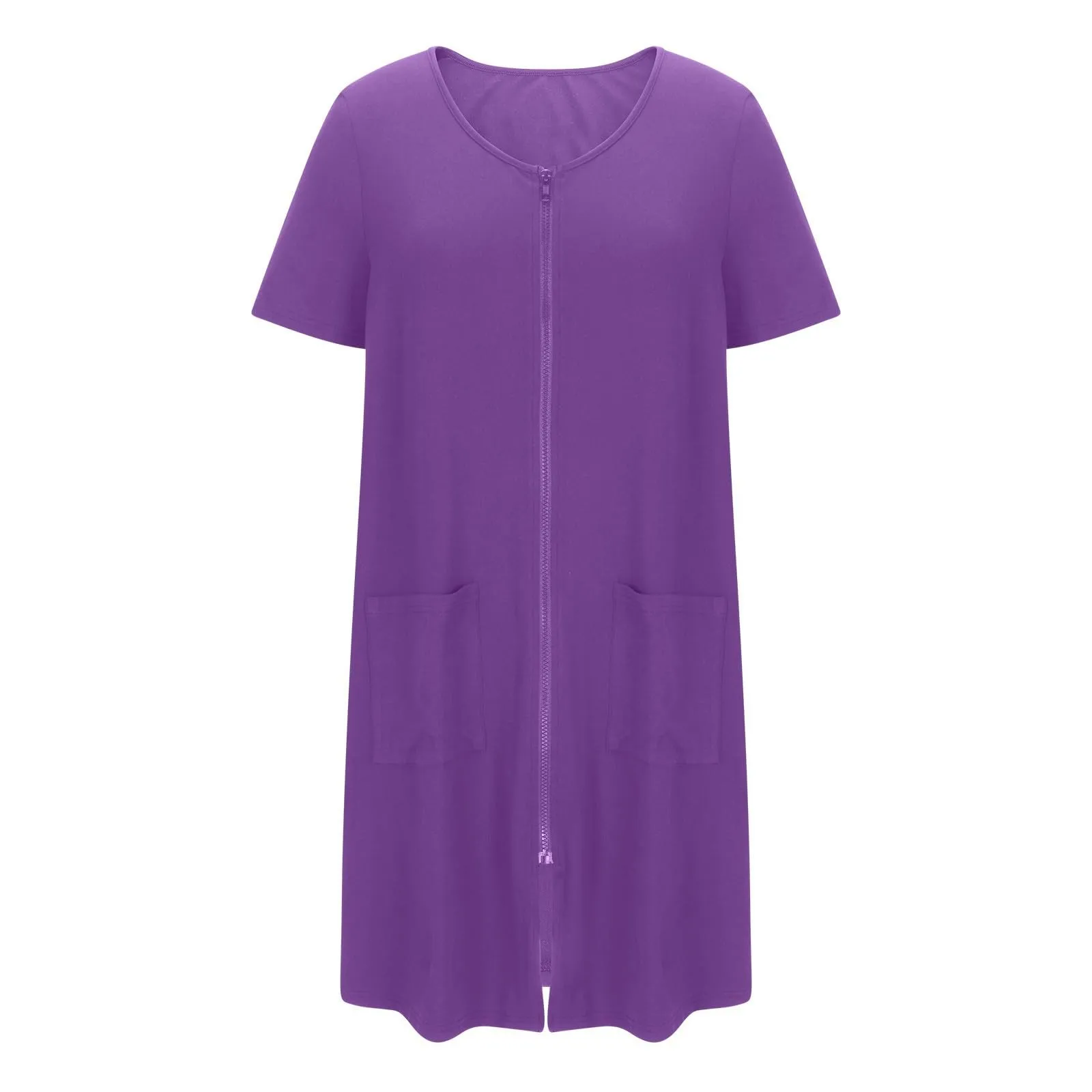 Women Sleepwear Bathrobes Zipper Front Short Sleeves Knee Length Short Dress With Pockets