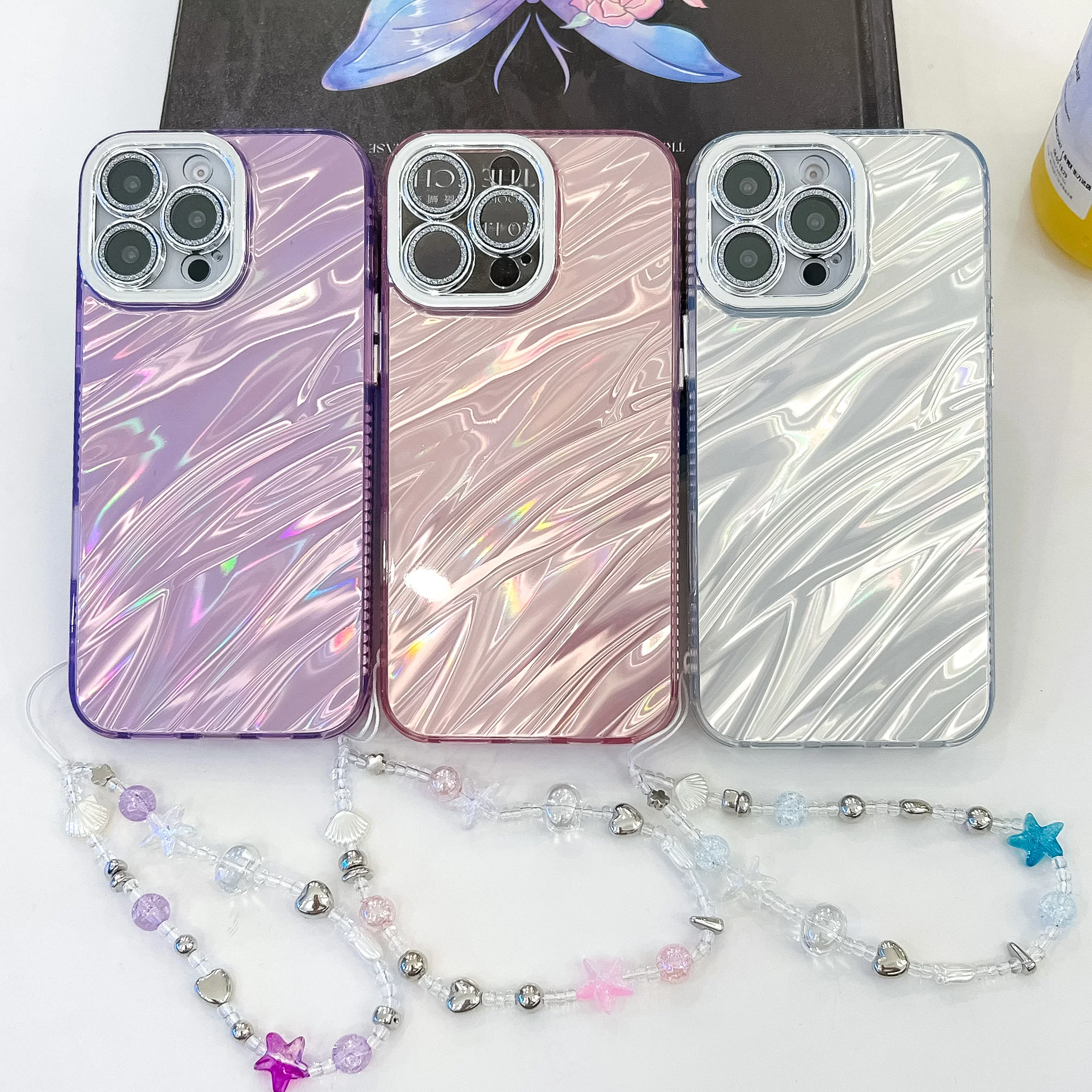 For Iphone 13 14 15 16 Pro Max Plus Samsung S23 S24 Plus Ultra Luxury Laser Water Ripple Wrist Chain Phone Case Cover_voghion.com