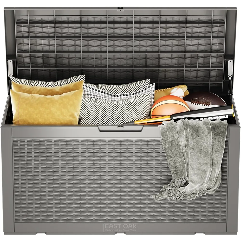 

Outdoor Storage Box, 100 Gallon Deck Box, Waterproof Resin Storage, Gardening Tools, Pool Toys, Lockable, Grey