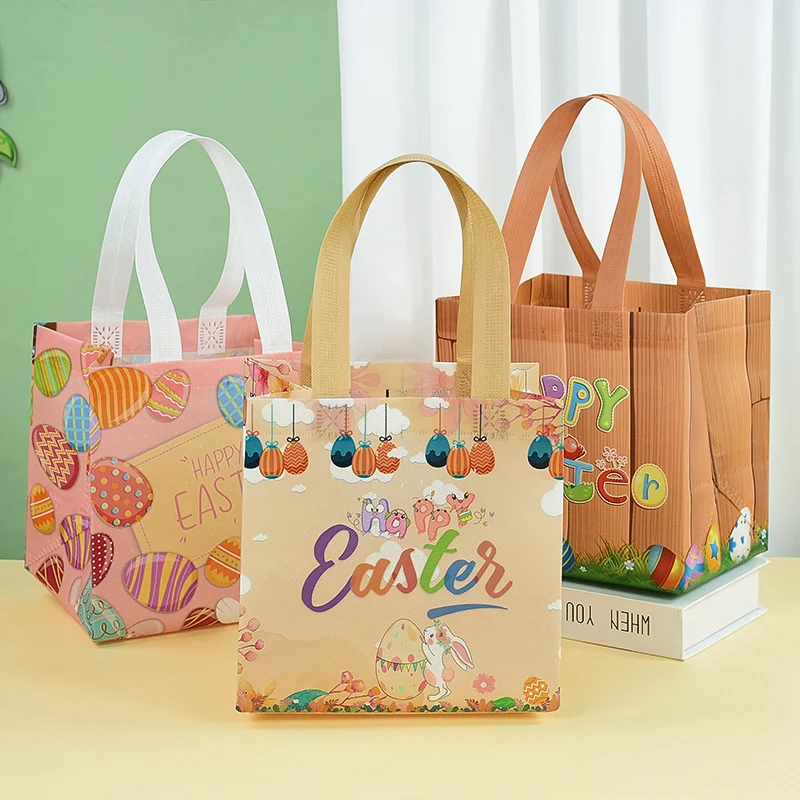 6Pcs Happy Easter Gift Bag Nonwoven Fabric Rabbit Eggs Cookies Candy Packaging Bag Kids Favors Easter Party Decoration Supplies